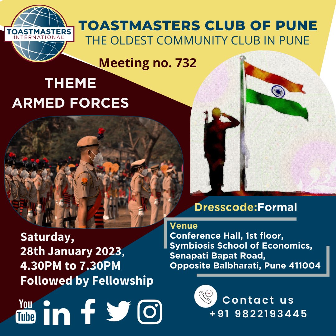 Toastmasterpune's tweet photo. “We live by chance, we love by choice, we kill by profession.”
It will be an OFFLINE meeting.
📍 Venue Location : https://t.co/fsO51FcDES
👔 Dress code : Formal
📱 Contact : +91 9822193445
#TMCP #toastmastersindia #toastmasters #toastmastersinternational #meeting #publicspeaking https://t.co/dzZw2J82Wa