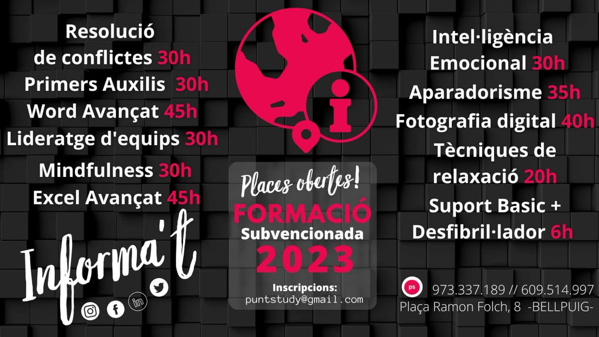 puntstudy's tweet photo. ● OFERTA FORMATIVA SUBVENCIONADA/2023
A @punt_study  t'oferim un gran ventall de formació subvencionada en diferents, sectors, modalitats i tipologies.
Aprofita aquesta oportunitat i amplia la teva formació, amb cost zero per part de l'alumne.
📝 Inscripcions obertes! https://t.co/9M1oO4Wh0S