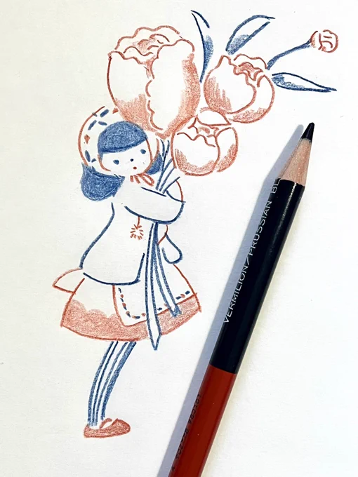 寒いのでお花赤青鉛筆で描いています 