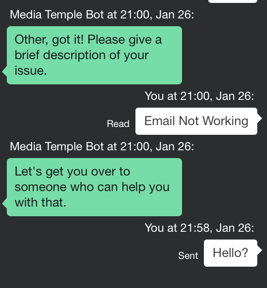 nibw's tweet photo. @mediatemplehelp As if you're not aware, here is how useless your 24/7 chat is. 1 hour and 15 mins and not even a handshake to give me an estimated wait time. https://t.co/ln1gH3oOKI