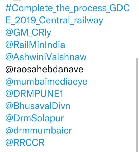 Dcsharma978264's tweet photo. #complete_the_process_GDCE_2019_cr
@GM_CRly 
@RailMinIndia 
@AshwiniVaishnaw 
@raosahebdanve 
@mumbaimediaeye 
@drmpune 
@drmmumbaicr 
@DrmSolapur 
@BhusavalDivn 
@DRMnagpur 
@RRCCR 
@PMOIndia https://t.co/4KejN82FEz