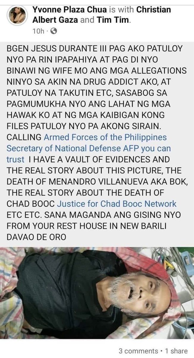 letmebeyourtita's tweet photo. Nakita ko sa facebook. Pinost ni Yvonne Plaza Chua. Si Yvonne ay pinatay ni Brgen. Jess Durante https://t.co/lRletb5GAM