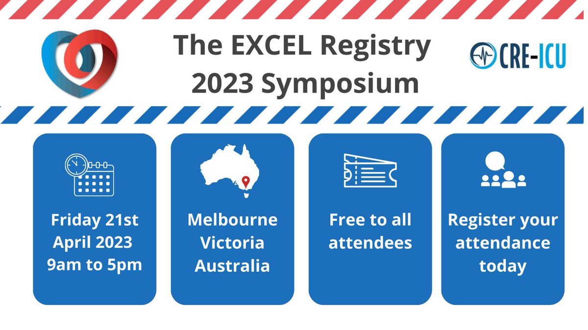 The EXCEL Registry Symposium is on Friday 21st April 2023 in Melbourne! 
View the exciting program and register for this free event: monash.edu/medicine/sphpm… <a href="/chodgsonANZICRC/">Prof Carol Hodgson</a> <a href="/anzicrc/">anzicrc</a> <a href="/efan75/">Eddy Fan</a> <a href="/sachaflyingdoc/">Sacha Richardson</a> <a href="/AidanBurrell/">Aidan Burrell</a> <a href="/iculisah/">Dr Lisa Higgins</a> <a href="/silverheinsar/">Silver Heinsar</a> <a href="/AmbVicMedic/">Stephen Bernard</a>