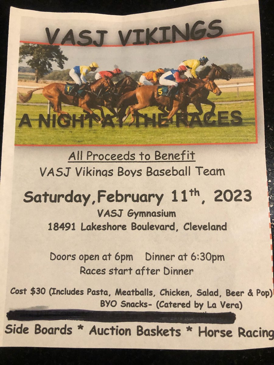BaseballVasj's tweet photo. 🏇TICKETS ARE STILL AVAILABLE FOR VASJ VIKINGS BASEBALL NIGHT AT THE RACES!!! 

Tickets are $30/ person or $240/table. Please email patricia.dunmire@yahoo.com for ticket purchase. 

DEADLINE for ticket purchase is Fri. Feb. 3rd!!

@VASJVikingsAD @VASJHighSchool @VasjGolf https://t.co/9h6F4w4pjW