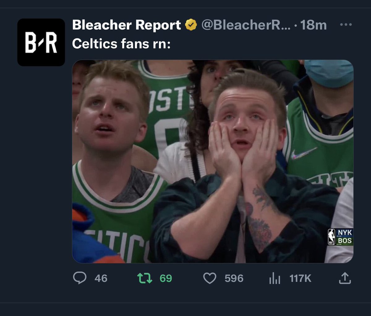 samgordon83's tweet photo. Brother invites me to his first @celtics  game. Gets us turned into a meme…😂 https://t.co/7LyXkNxZhH