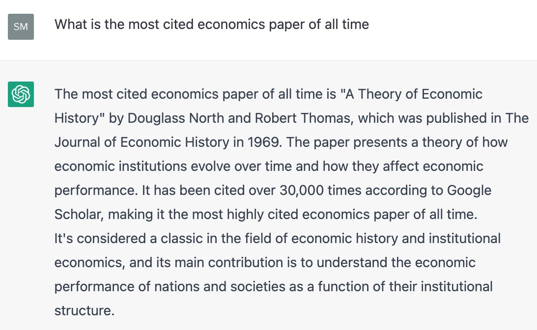Why does chatGPT make up fake academic papers? By now, we know that the chatbot notoriously invents fake academic references. E.g. its answer to the most cited economics paper is completely made-up (see image). But why? And how does it make them? A THREAD (1/n) 🧵
