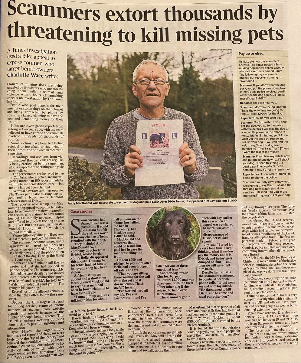 @thetimes #Scammers extort thousands by threatening to kill missing #Pets 

🐾 Article in @thetimes

#PetTheftReform #DogAbduction #PetAbduction #MakeChipsCount #FernsLaw #ScanMe #MissingPets #LostDog #LOST #STOLEN #dogs #StolenDog #dogsoftwitter #DogLostUK