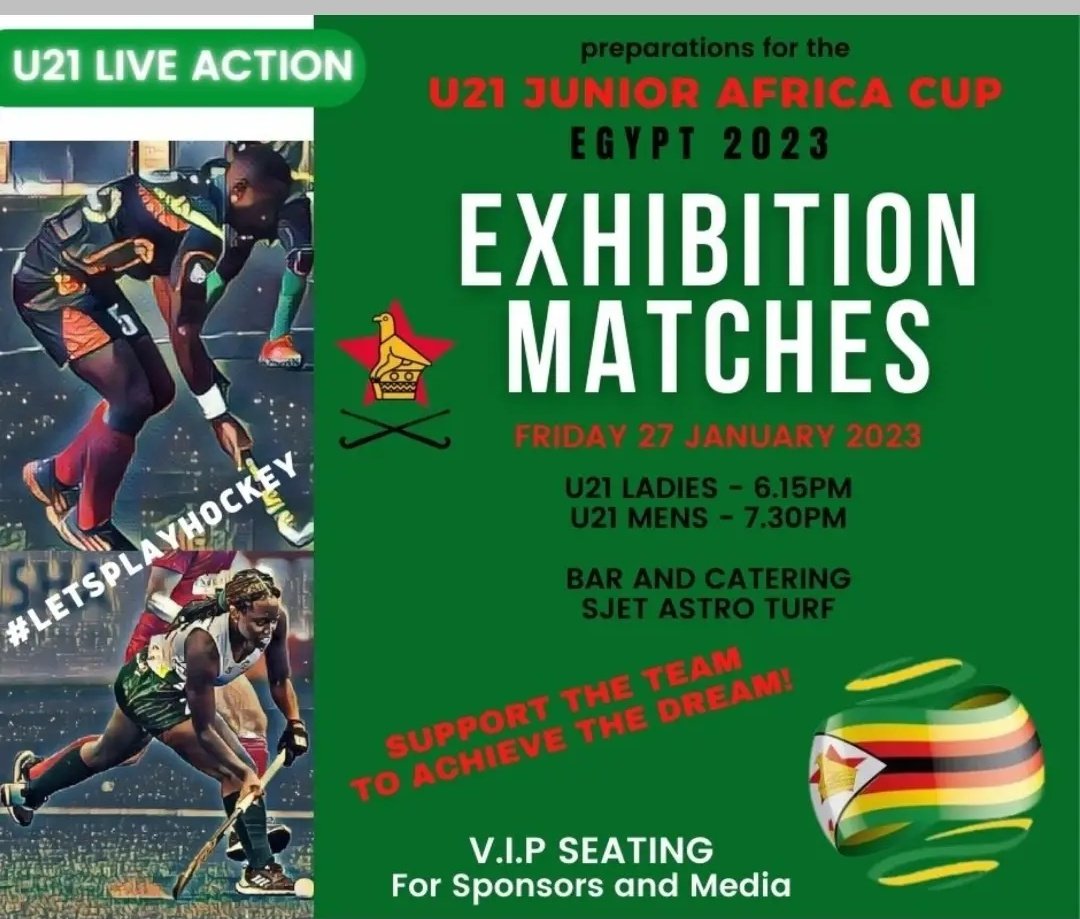 Super excited about our matches tonight!

Venue : St. John's Educational Trust Astro Turf

Time : 6pm

Hope to see you there! 

🇿🇼🏑

#ZimHockeyPlayer #LetsplayHockey #Sponsoraplayer #SupportaTeam #ZimbabweHockey #ZimHockey #ProudlyZimbabwean