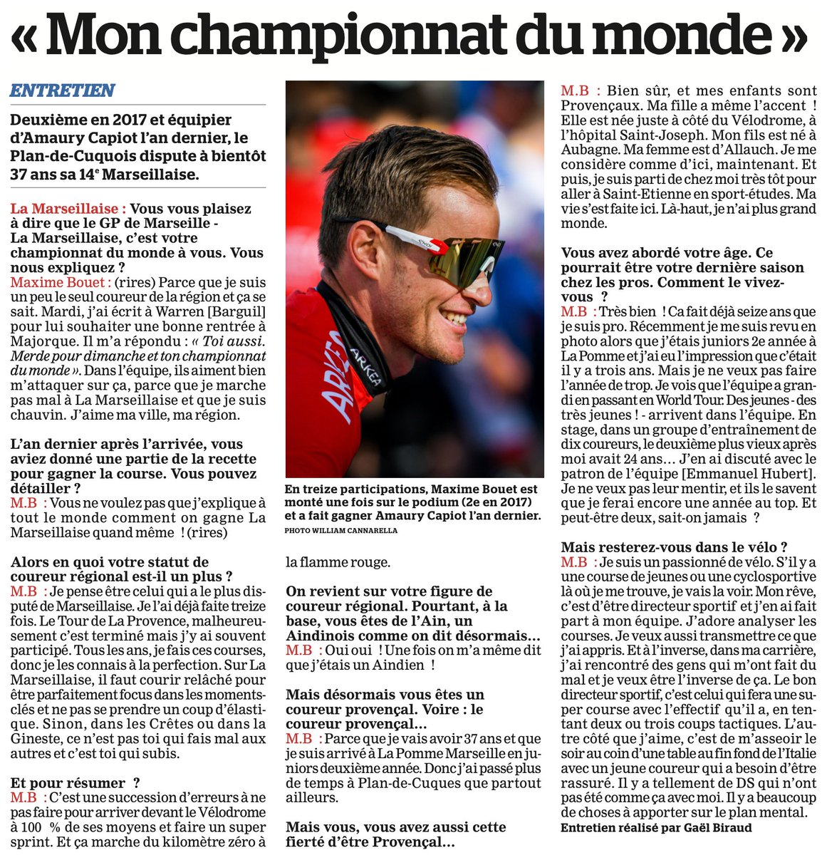 gplmarseillaise's tweet photo. 🎙"Mardi, j’ai écrit à @WarrenBarguil pour lui souhaiter une bonne rentrée à Majorque. Il m’a répondu : « Toi aussi. Merde pour dimanche et ton championnat du monde »." @BOUETMAXIME 
A retrouver dans @lamarsweb du 27 janvier 2023 ! https://t.co/xwKz2E3s74