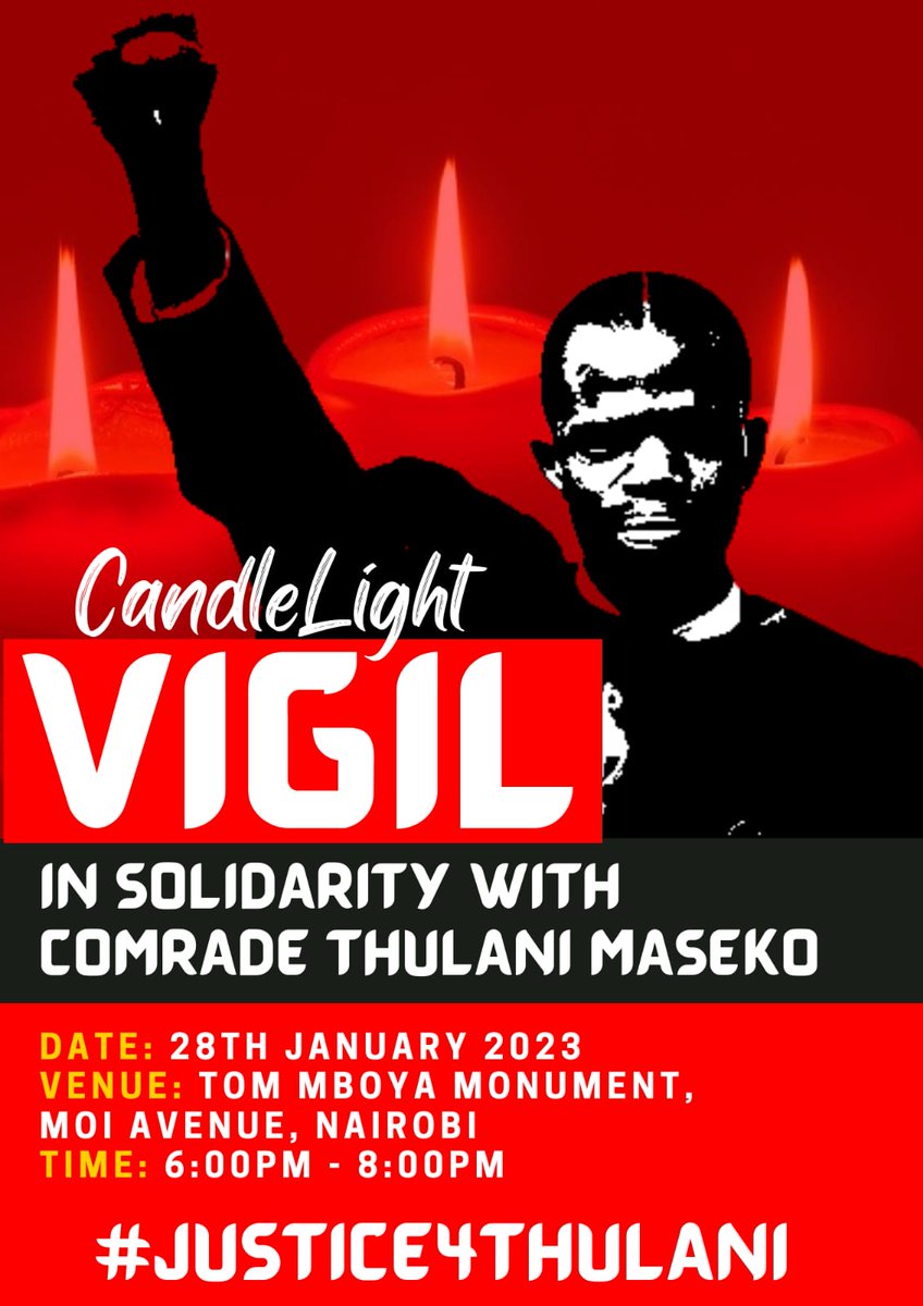 All for one and one for all.
Let's us all stand in solidarity with #HRD Thulani Maseko by attending the candle light vigil on 28th January 2023 at 1800hrs, venue: Tom mboya Monument.
#Staywithdefenders
#JusticeForThulaniMaseko