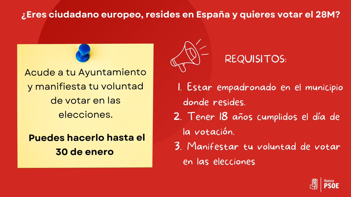 PSOEAltoaragon's tweet photo. #Elecciones2023 El lunes 𝟑𝟎 𝐝𝐞 𝐞𝐧𝐞𝐫𝐨 finaliza el plazo para la inscripción de ciudadanos europeos residentes en España que quieran votar el próximo 28 de mayo.

💻 Toda la información la encontraréis en la web https://t.co/ahISVPMJzW https://t.co/YnmYtTUhbk