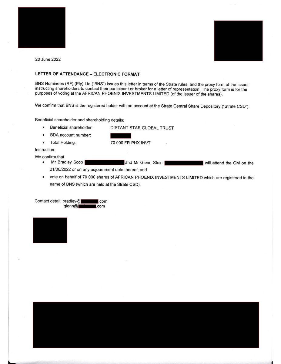 WarrenC_ZA's tweet photo. If not to apply unlawful pressure for their “SMALL TOLL” of R57 million &amp; serve David Brouze’s interests, why else would @JP_Verster and @albie_cilliers engage Trillian-linked, Bradley Scop to attend #AfricanPhoenix s/holder meetings on their behalf?  View a Verster proxy below https://t.co/NNBSkY1rPq