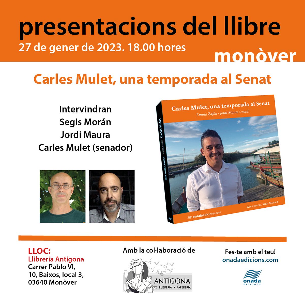 El Senador Carles Mulet presenta el seu llibre “Una temporada al Senat” a Monòver

Hui,  27 de gener, es presentarà “Carles Mulet, una temporada al Senat”, a la Llibreria Antígona de Monòver amb la participació de Segis Morán, Jordi Maura i Carles Mulet.

lateuaradio.com/monover/el-sen…