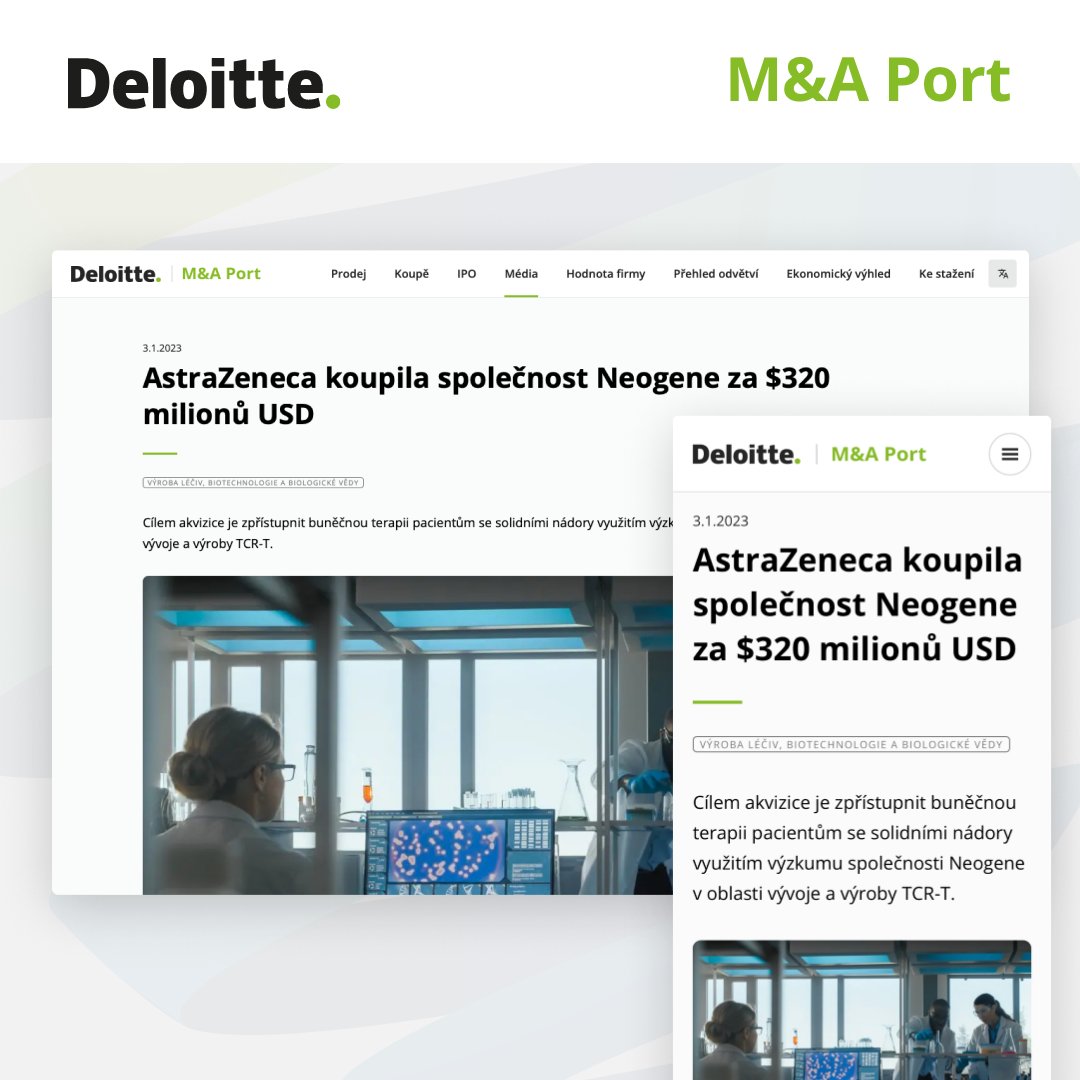 DeloitteCZ's tweet image. #AstraZeneca znovu zamíchala kartami ve farmaceutickém průmyslu - koupila společnost #Neogene za impozantních 320 milionů dolarů. Co to znamená pro budoucnost léčby rakoviny? To zjistíte v novém článku na M&amp;amp;A Portu 🧐. 

🔗deloi.tt/3jdg5Fd

#mnaport #fuze #akvizice