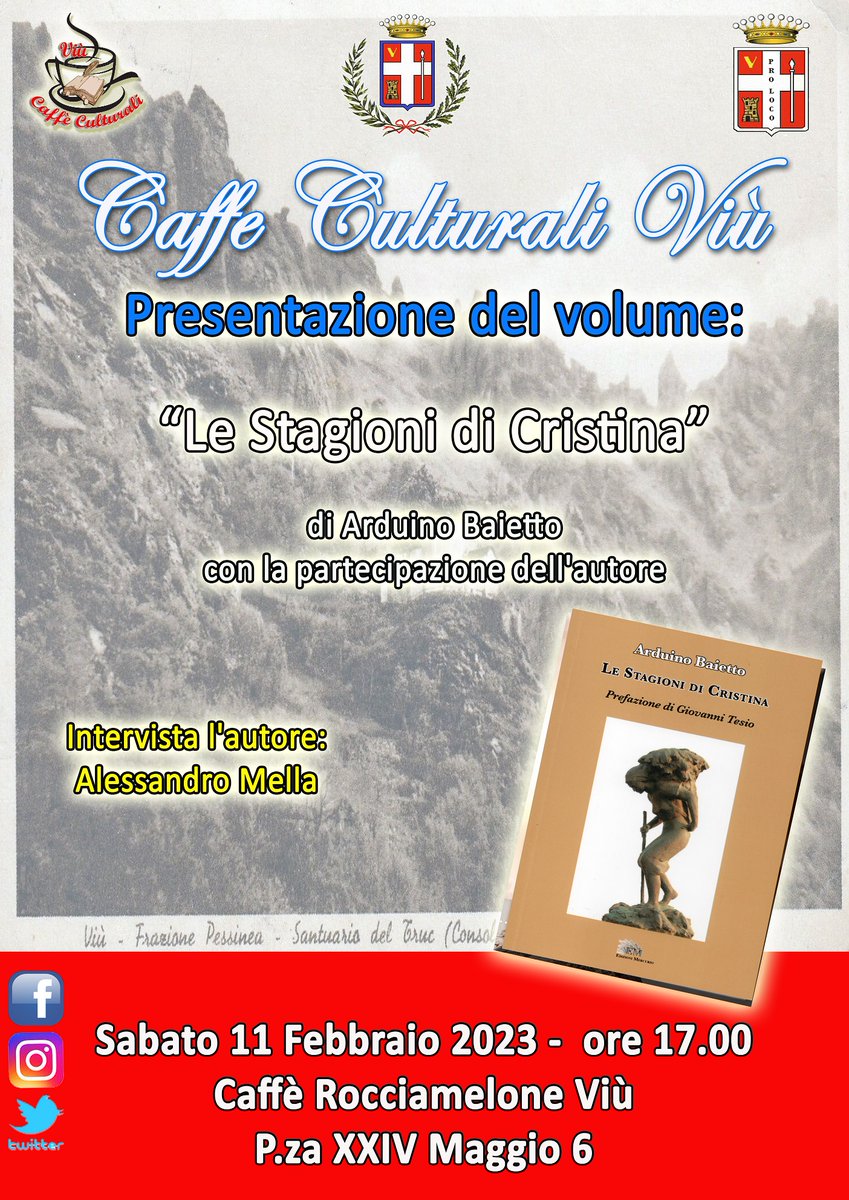 Prossimo appuntamento #ArduinoBaietto con il suo #libro #LeStagioniDiCristina. Intervista per i #CaffèCulturaliViù il nostro @alessand_mella. Vi aspettiamo sabato #11Febbraio. #cultura #libri #libro #vallidilanzo.