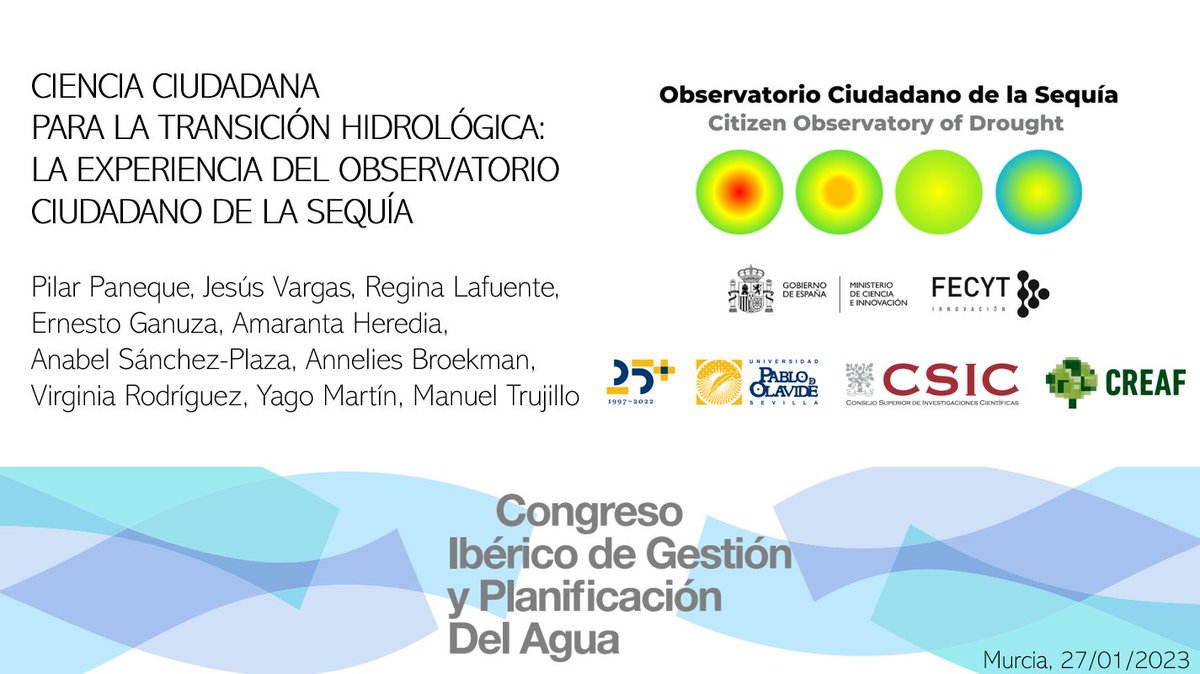 🔵Hoy presentamos el trabajo del Observatorio en #CongresoIbericoAgua @FNCAgua celebrado en @UMU
.Sesión moderada por @vcabellov 
.#CienciaCiudadana para la #TransiciónHidrológica 
Equipazo de @pablodeolavide @iesa_csic @IPP_CSIC @CREAF_ecologia en colaboración con @FECYT_Ciencia