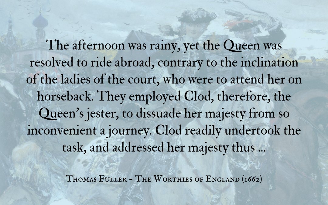 desfouspartout's tweet photo. A #jester to #ElizabethI is asked to talk her out of riding in the rain, using a #joke to dissuade the #monarch: https://t.co/phiGb6GyDA  #jesters #foolsareeverywhere #fools #courtjester #persuasion #humor #humour #history #Tudor #Tudors https://t.co/R3fj00WtO7