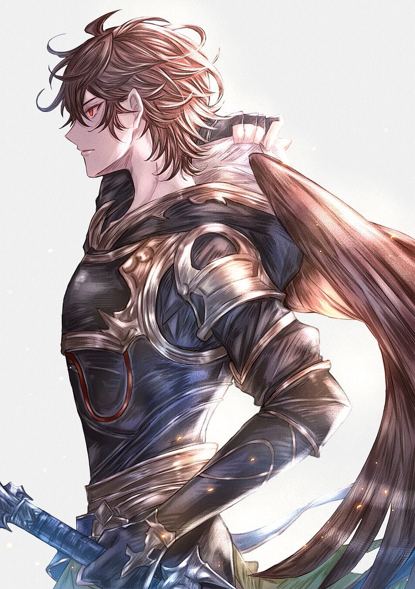 1boy male focus brown hair red eyes weapon armor hood  illustration images