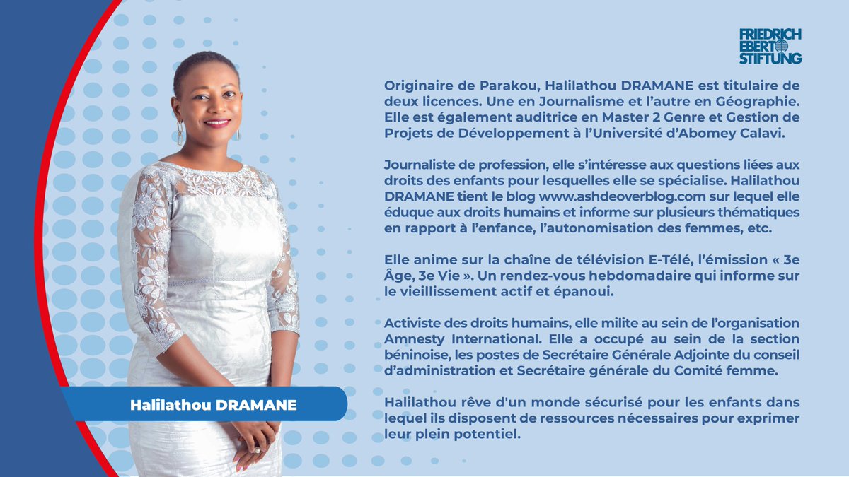 #jeunes_leaders_du_bénin2022
<a href="/HalilaD27/">DRAMANE Halilathou</a> est auditrice en Master 2 Genre et Gestion de Projets de Développement.
Halilathou rêve d'un monde sécurisé pour les enfants dans lequel ils disposent de ressources nécessaires pour exprimer leur plein potentiel. 
#jlb2022