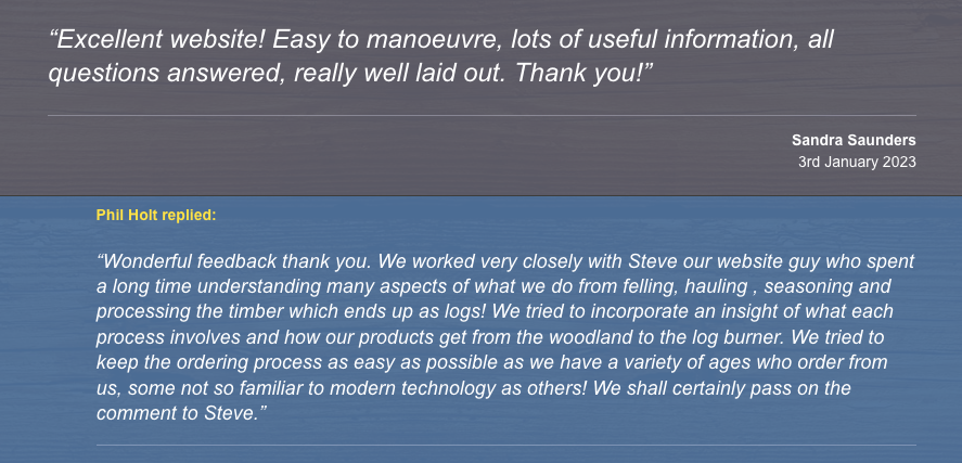 Some rather lovely feedback about our website from a Customer of holtslogs.co.uk/wall.php - thank you Sandra ☺️