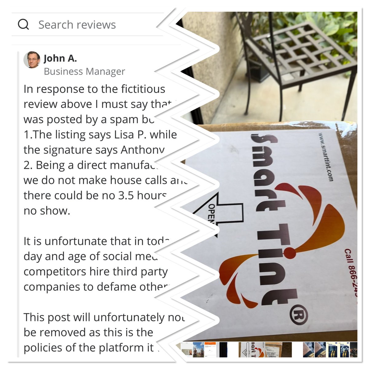 ACamanelli's tweet photo. @SmartTint has completely lied & claimed that I was ‘a bot’ since I gave a real review. Below is proof that I purchased 2 boxes from them. They actually stated I was a competitor with a fake review. I never heard from them after the installer never showed. #SmartTint https://t.co/RxruX45hoV