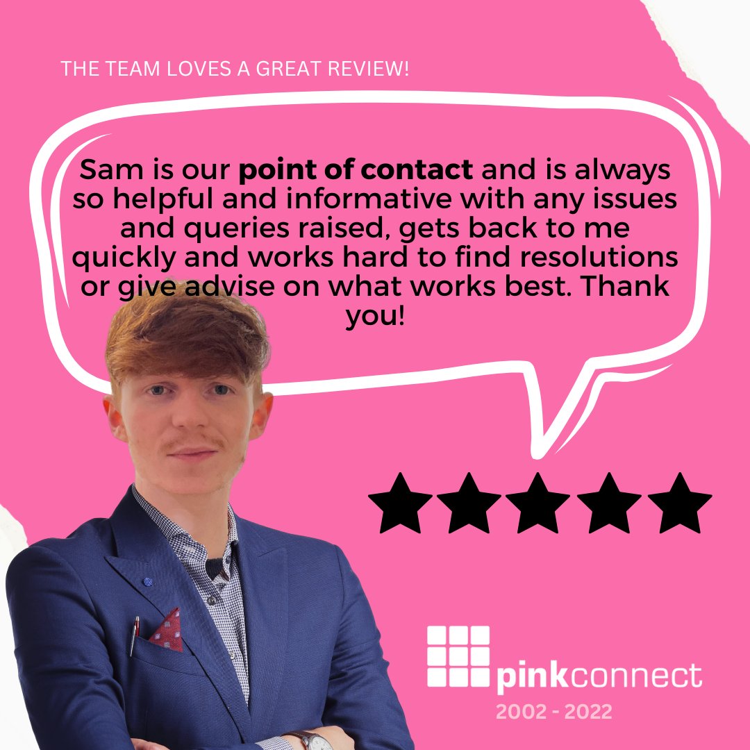 Well done Sam! 🏆 The team love hearing your feedback. We are here to support you with your needs. Have a query? 
Talk to us: sales@pinkconnect.com or call 0345 450 9393

#review #feedback #heretohelp #support
