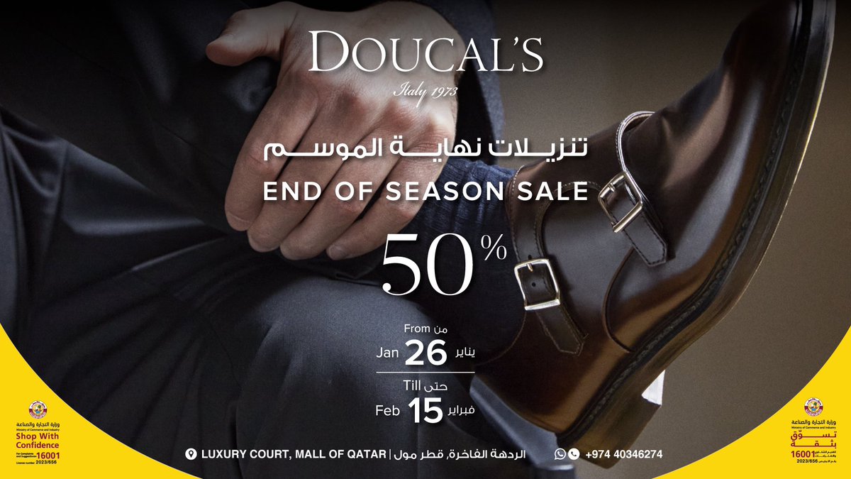 MALLOFQATAR's tweet photo. Get classy & timeless shoes from Doucal’s End of Season Sale with 50% OFF. Valid from January 26th to February 15th, 2023.
Visit us at Luxury court, Mall of Qatar.
#doucals #mallofqatar #Luxury #newlyopened #footwear #Handmade #qatar #doha #Italian #workmanship #refineddesign https://t.co/WF7Fw0UPpx