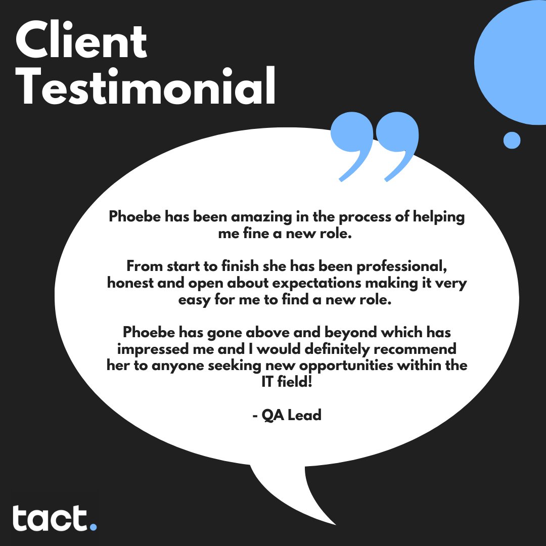 tact_it's tweet image. 🌟📣 CLIENT TESTIMONIAL 📣🌟
 
Recently, we received another GLOWING candidate review that we just have to show you! 🙌

Well done to Phoebe and the team for your hard work, dedication, and amazing results as always 👏💙
 
#tact #MakingTheConnetion  #DevLaunchPad