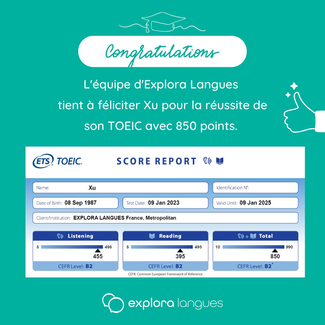 ExploraLangues's tweet photo. Bravo 👏 à Xu qui a suivi une formation d'Anglais Professionnel TOEIC sur 5 mois  pour passer d'un niveau B1+ à B2 ! 

#anglais #formationnice #TOEIC #formationanglais #nice https://t.co/9v4QCVp0YC