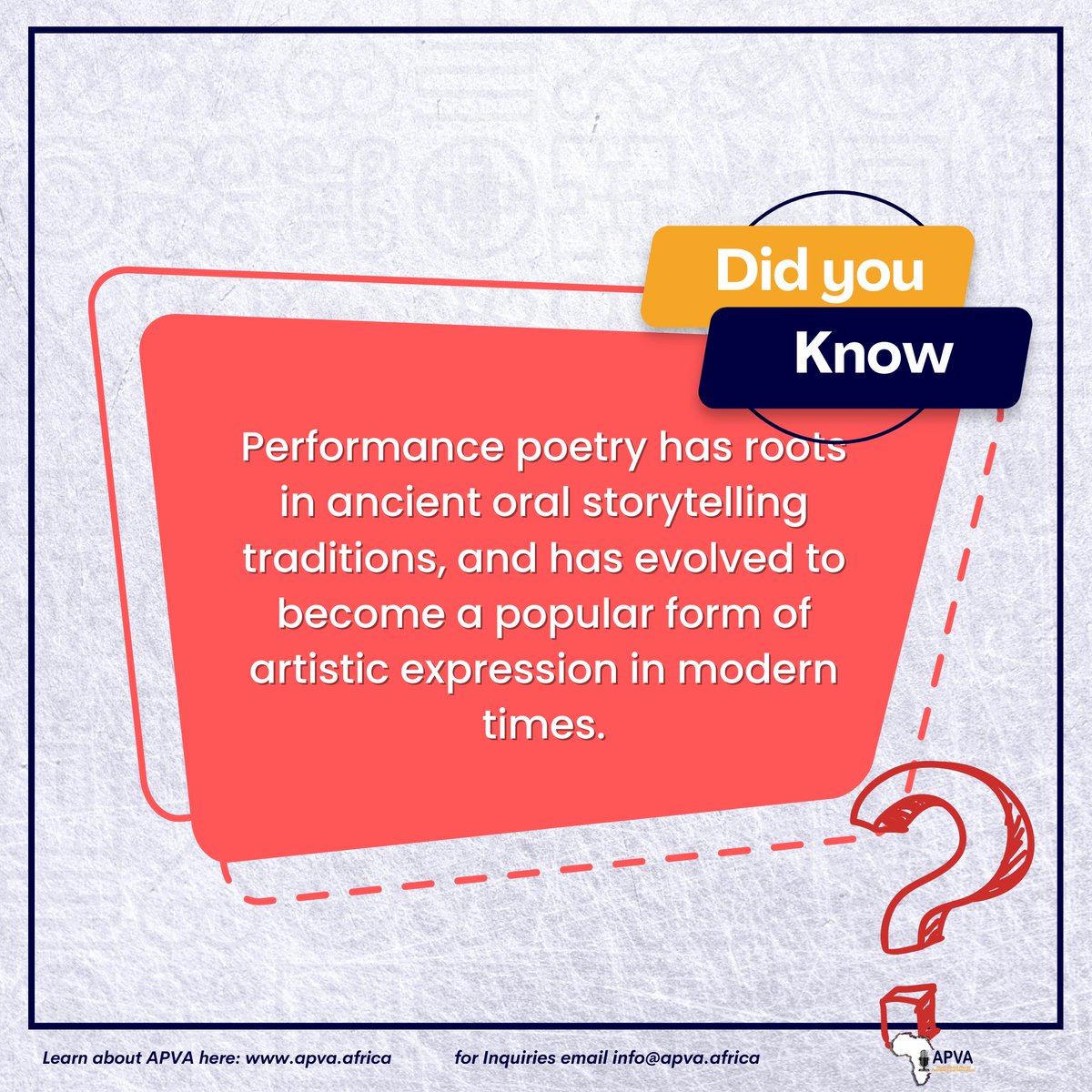 APVAofficial's tweet photo. Performance poetry has roots in ancient oral storytelling traditions, and has evolved to become a popular form of artistic expression in modern times.
#apva #theafricancreative #spokenword #performancepoetry https://t.co/knfJV4WYhn