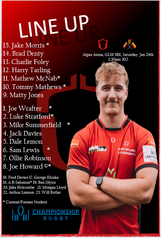 Hartpury's line up for this weekends home game against <a href="/RichmondFC1861/">Richmond Rugby</a> at the Alpas Arena. Starting spots for <a href="/MikeySummerfie3/">Mikey Summerfield</a>, <a href="/LukeyStrat94/">Luke Stratford</a> and Mathew McNab. 2.30pm KO Saturday 28th, see you there! <a href="/gloucesterrugby/">Gloucester Rugby 🍒</a> <a href="/BristolBears/">Bristol Bears 🐻</a> <a href="/londonirish/">London Irish</a>