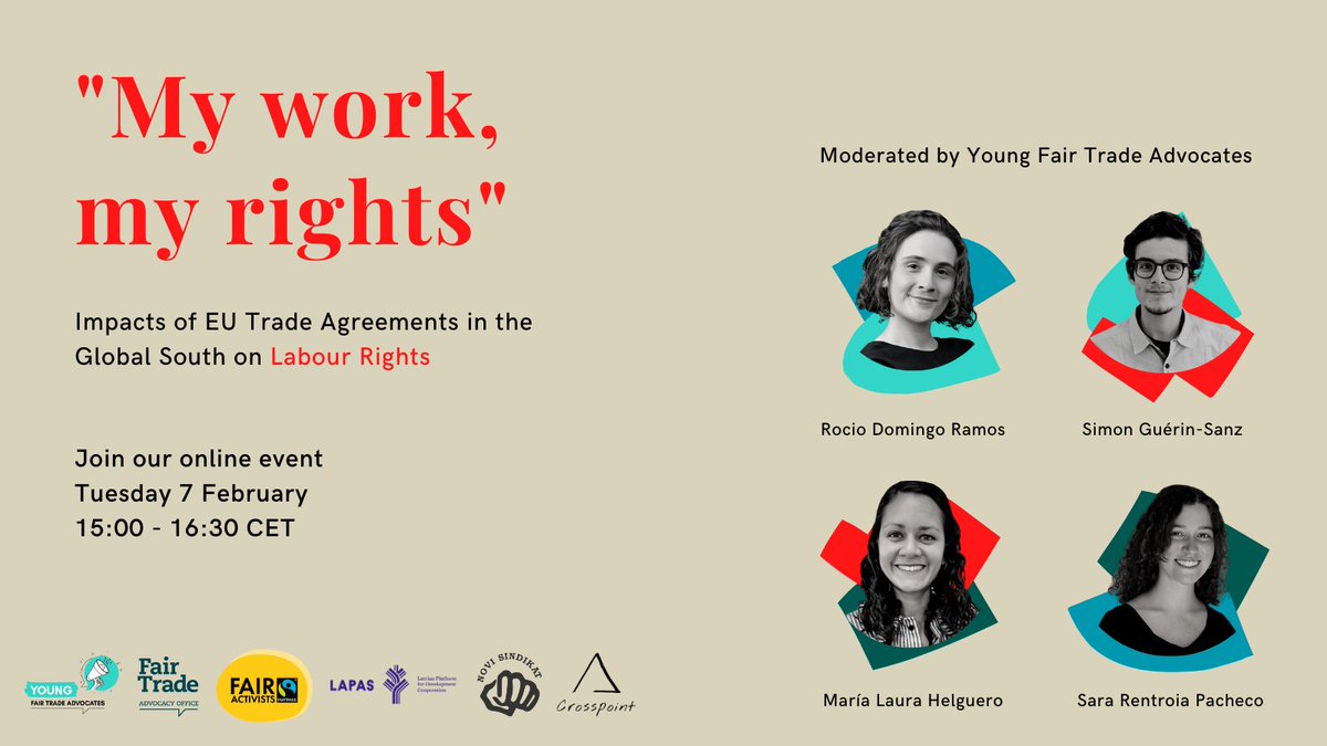 On Feb 7 we will talk about the impacts of EU Trade Agreements on #LabourRights in the Global South.

Organized by @FairTradeFTAO & @YFTAs_EU 

We will hear from 3 brilliant speakers from Colombia, Peru & Ecuador.

Register here 👇
us02web.zoom.us/webinar/regist…