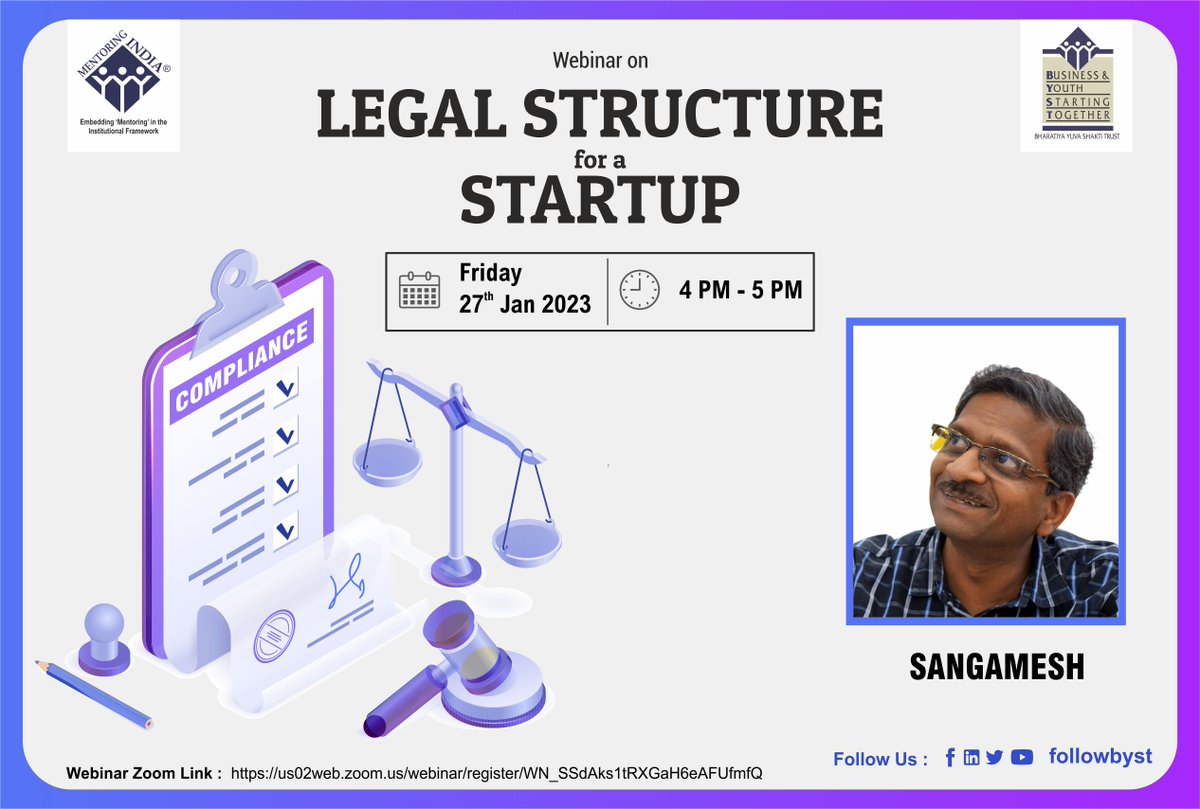 FollowBYST's tweet image. Join us for a comprehensive webinar on 'Legal Structure for a Startup' with #guestspeaker and #industryexpert Mr. Sangamesh K. Learn how to navigate the legal landscape of start-ups &amp;amp; make the #bestdecisions for your #business.
Register &amp;gt; zcu.io/sDNG
#BYSTWebinarAlert