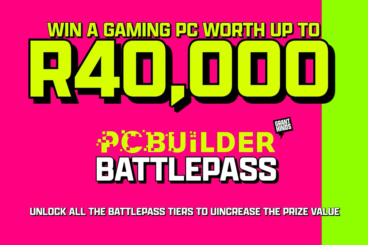 GrantHinds's tweet photo. ALRIGHT the game has changed! The @PCBuilderZA X AMD Battlepass has increased to R40,000!!! We now as a community have raised the current gaming PC giveaway value to R10,000! To increase the prize to R15,000 tier, THIS tweet needs 300 RTs, let's DO THIS!!! #PCBuilderBattlepass https://t.co/ikusmeGchu