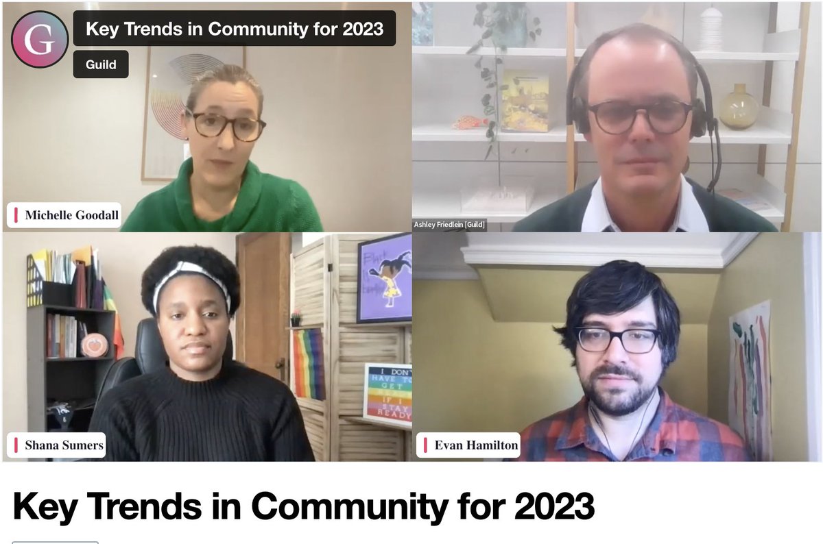 On demand: Key Trends in Community for 2023 with <a href="/HubSpot/">HubSpot</a>'s <a href="/evanhamilton/">Evan Hamilton</a> Shana Sumers and <a href="/tryGuild/">Guild</a>'s @AshleyFriedlein and me! So many gems for #CommunityManagers/strategists in this! Recording is available to watch in The Guild Community Collective 🎥link.guild.co/Y2QMKHbKisZpr3…