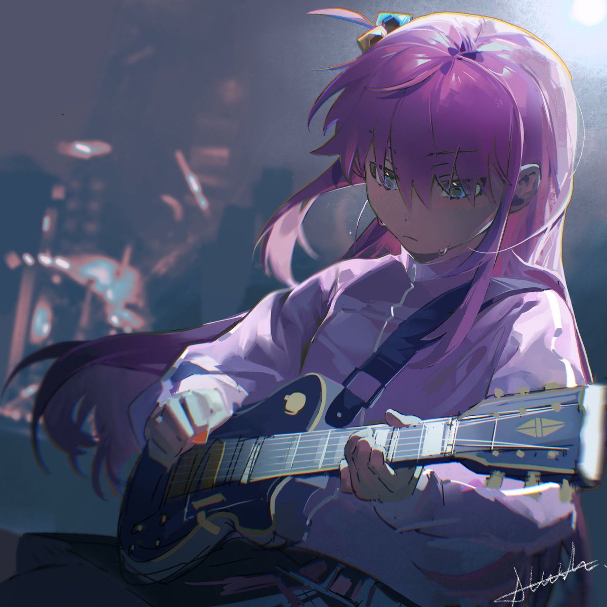gotou hitori 1girl instrument solo guitar pink hair long hair hair ornament  illustration images
