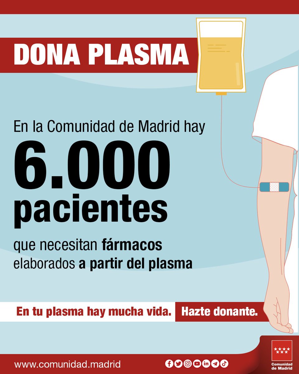 Centro de Transfusión🩸 (@madridonasangre) on Twitter photo 💪Si eres donante de #sangre en <a href="/Madridonasangre/">Centro de Transfusión🩸</a> también puedes donar #plasma
✅Con #plasma se transfunde a pacientes, se trata enfermedades hematológicas y se elaboran fármacos
➡️Cuando donas #plasma no se extraen hematíes y se puede donar más veces al año
#donavida 💪Si eres donante de #sangre en <a href="/Madridonasangre/">Centro de Transfusión🩸</a> también puedes donar #plasma
✅Con #plasma se transfunde a pacientes, se trata enfermedades hematológicas y se elaboran fármacos
➡️Cuando donas #plasma no se extraen hematíes y se puede donar más veces al año
#donavida