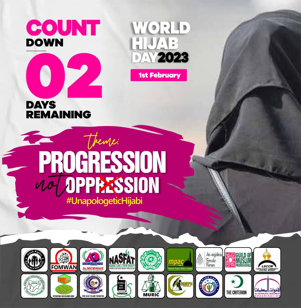 mpacng's tweet photo. 2 Days to go...

World Hijab Day 2023

#progressionnotoppression 

Together, let's end the oppression and make progress!

#WHD2023 #WorldHijabDay  #unapologetichijabi  #MYHIJABMYIDENTITY #EmpoweredinHijab  #unityindiversity #HijabAdvocacy #worldhijabday2023 #mpacengagecampaign https://t.co/evJKFaJejm