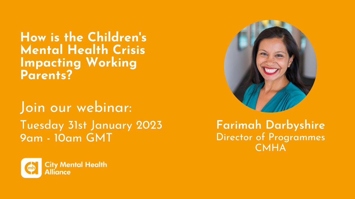 Our new research and guidance looks into ‘The Impact of the Children's Mental Health Crisis on Working Parents’. Join @City_MHA's Farimah Darbyshire at our free webinar that will explore the findings further. 🗓️ Tue 31st Jan, 9am GMT Register here: bit.ly/3QvOj30