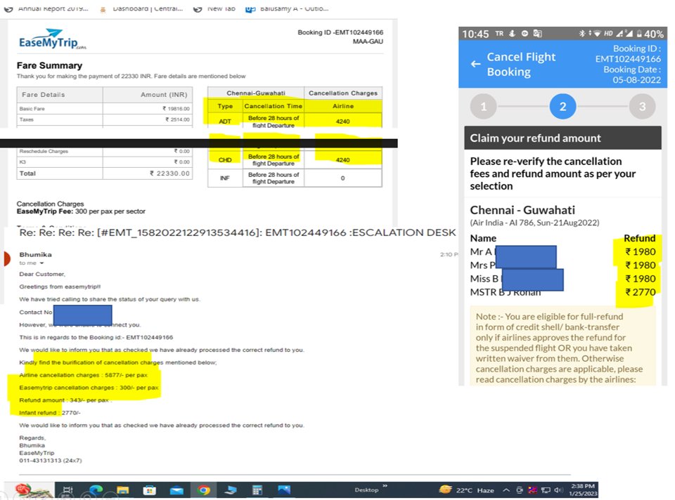 enssamy's tweet photo. 1. At the time of booking air ticket, in the fare summary, it was mentioned that the cancellation charge is ₹ 4240+300/pax 
2. Why did you charged cancellation charge of ₹ 5877+300/- pax instead of ₹ 4240+300/-. Also inform me, whether I will get my full refund or not? https://t.co/9FV9bcGLbC