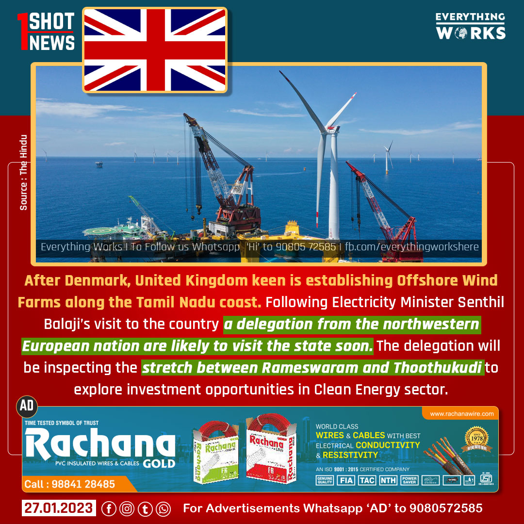 After Denmark, United Kingdom keen is establishing Offshore Wind Farms along the Tamil Nadu coast.

#1ShotNews | #UnitedKingdom | #OffShoreWindFarm | #WindFarm | #WindEnergy | #Tamilnadu | #TamilnaduNews | #Rameswaram | #Thoothukudi