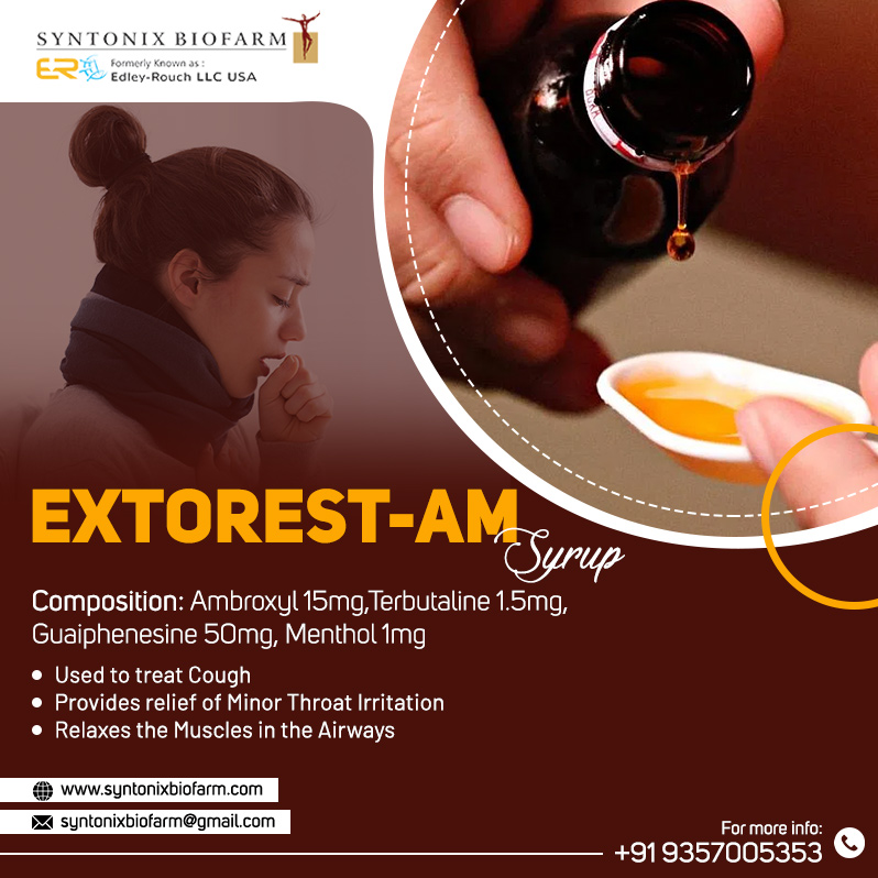 Extorest - AM Syrup by Syntonix Biofarm 
#topqualitypharmaproducts #manufacturers #syntonixbiofarm #pharma #musclerelaxation #healthylifestyle #CoughTreatment #FranchiseBusinessOpportunity #throatirritation