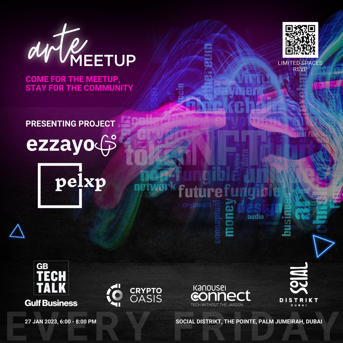 CryptoOasisUAE's tweet photo. Come join us at today's #artemeetup featuring two projects you don't want to miss out on!
✨ #Ezzayo
✨ #PelXP

📅 Every Friday
⏰ 6-8PM
📍Social Distrikt, The Pointe - Dubai
👉Register: https://t.co/aOqbVctLg7

We’re look forward to see you there!

#arteCommunity #CryptoOasis https://t.co/XmCkKv3UQm
