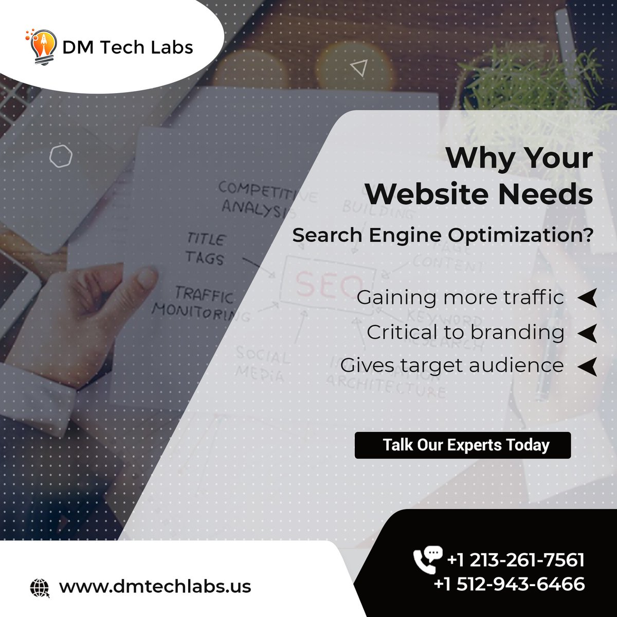dmtechlabs's tweet photo. #SearchEngineOptimization (SEO) is the process of improving the quality and quantity of #websitetraffic to a website or a web page from search engines. At #DMTechLabs, we offer a wide range of services that help you grow on #digitalplatforms.
+1 213-261-7561 https://t.co/ztcTqFbI6e