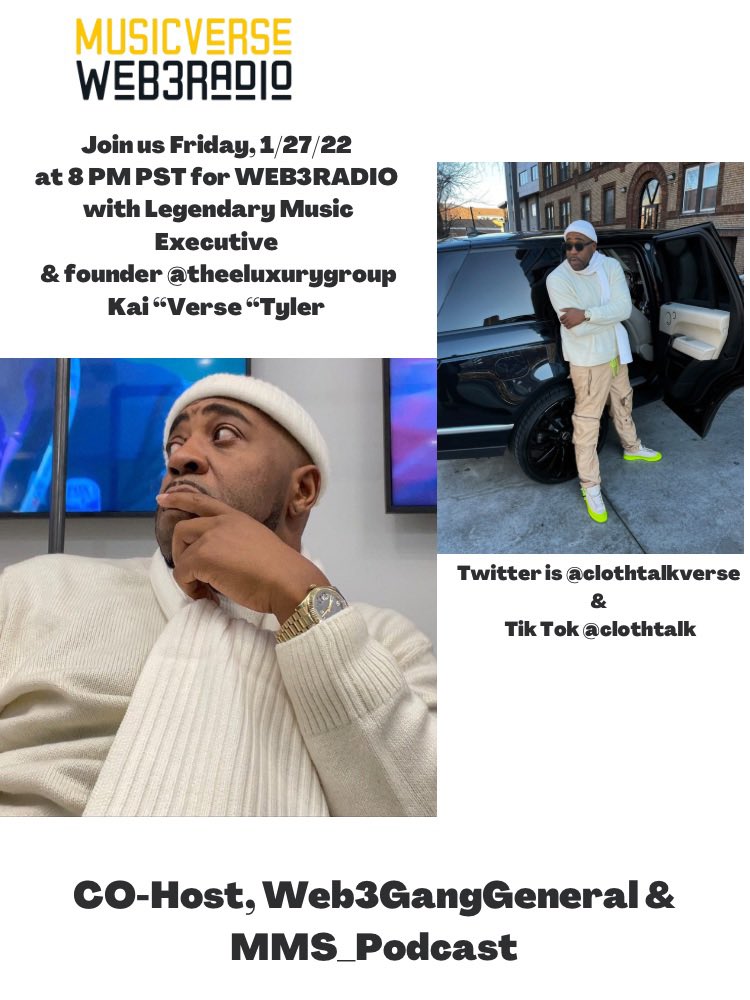 "Want to learn from a music industry veteran? Join us on #Web3radio Twitter Space this Friday for a special Q&amp;A session with Kai "Verse" Tyler <a href="/clothTalkVerse/">Clothtalk</a>  Discover the secrets of success and gain valuable advice and insights on making it in the music industry.