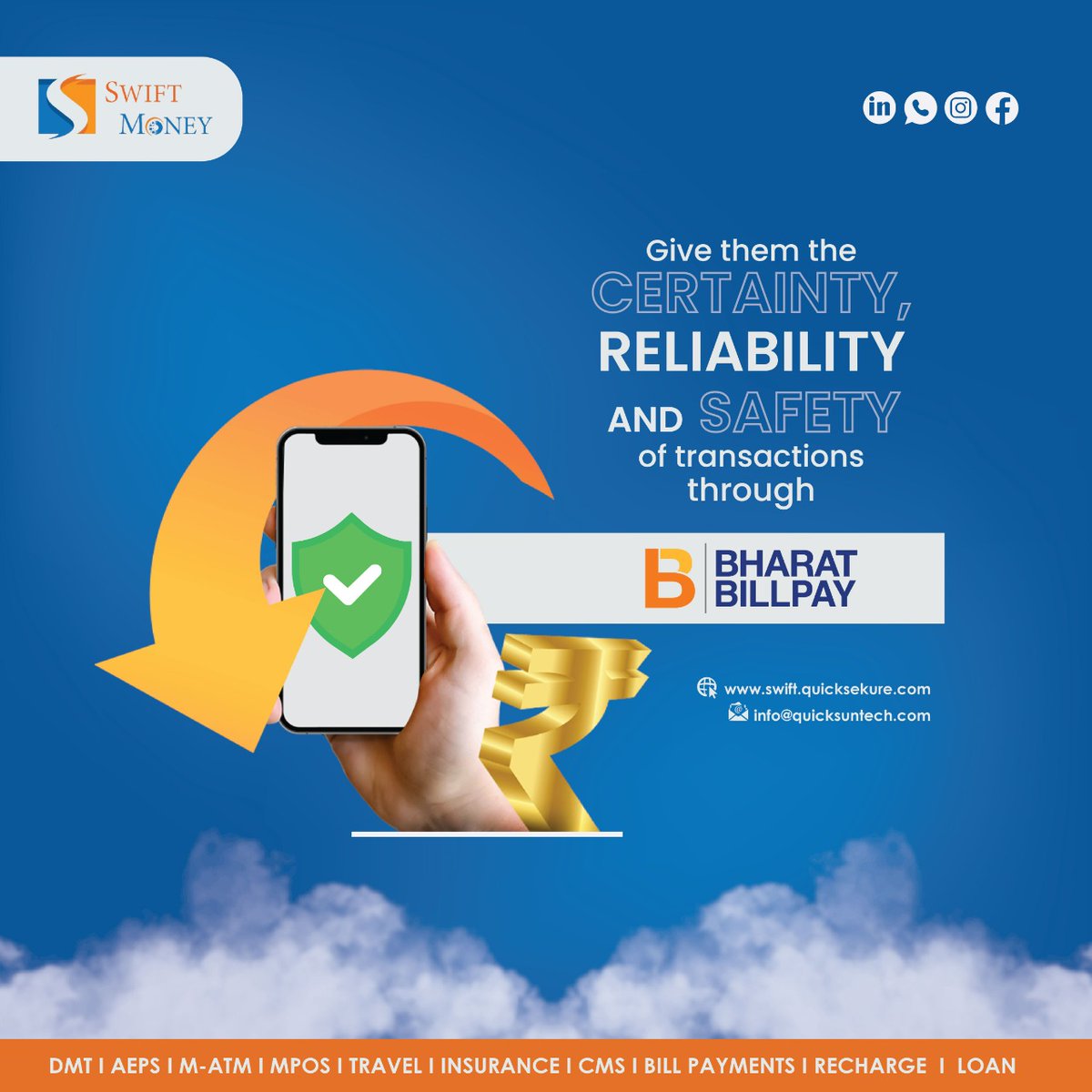 Swift Money is offering BBPS for your business and organization. Now you can provide Bharat Bill Payment System which is an RBI-mandated system that offers integrated and interoperable bill payment services to customers across geographies. Contact us for more details.