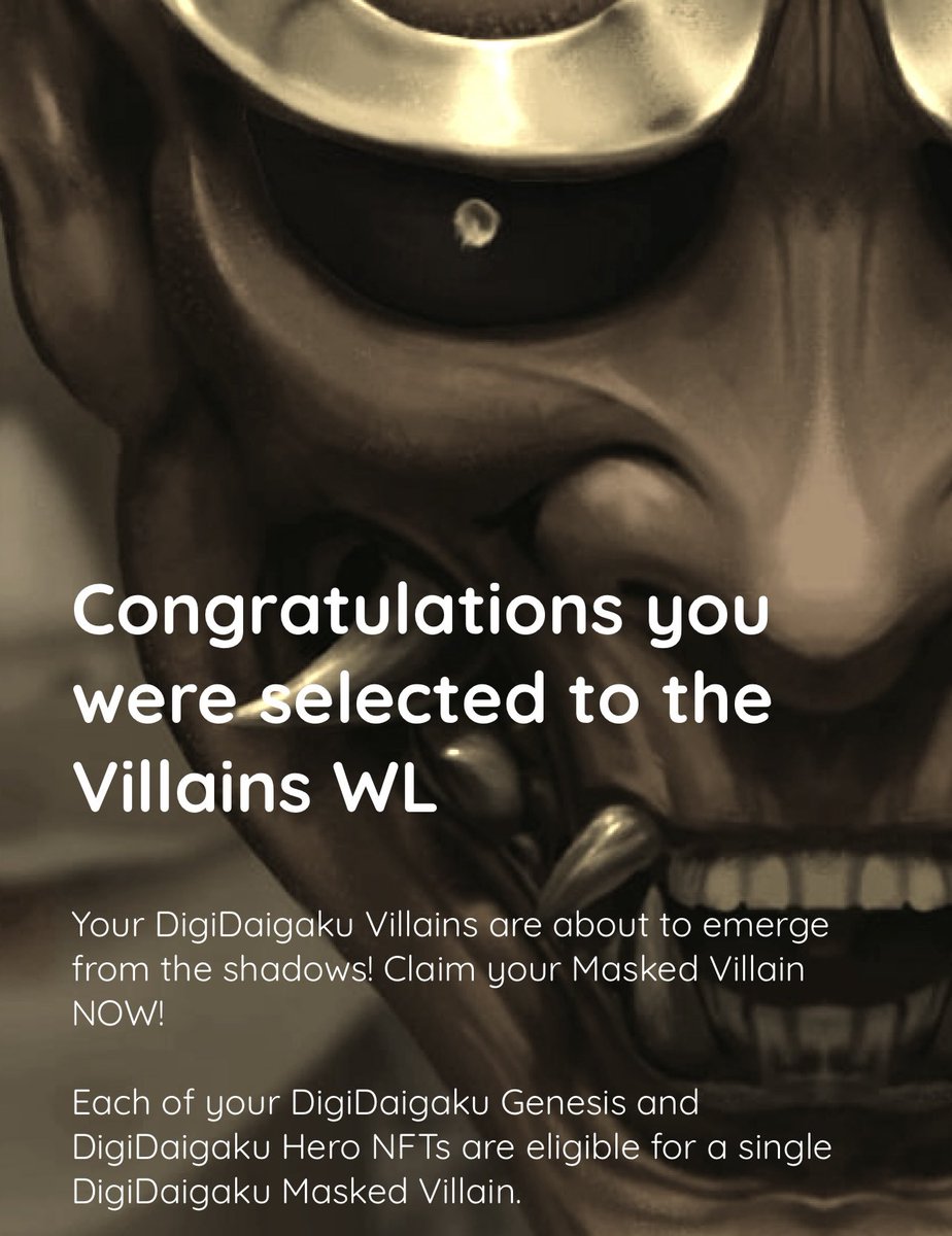 litterioeth's tweet photo. Wow! Unbelievable! 2023 will be definitely my lucky NFT year 🍀 Honored to be selected to the @DigiDaigaku Villains WL. Just claimed my masked Villain and I am super excited to become part of this amazing community! Thanks @gabrielleydon 🙏 https://t.co/nnlCovrvw6