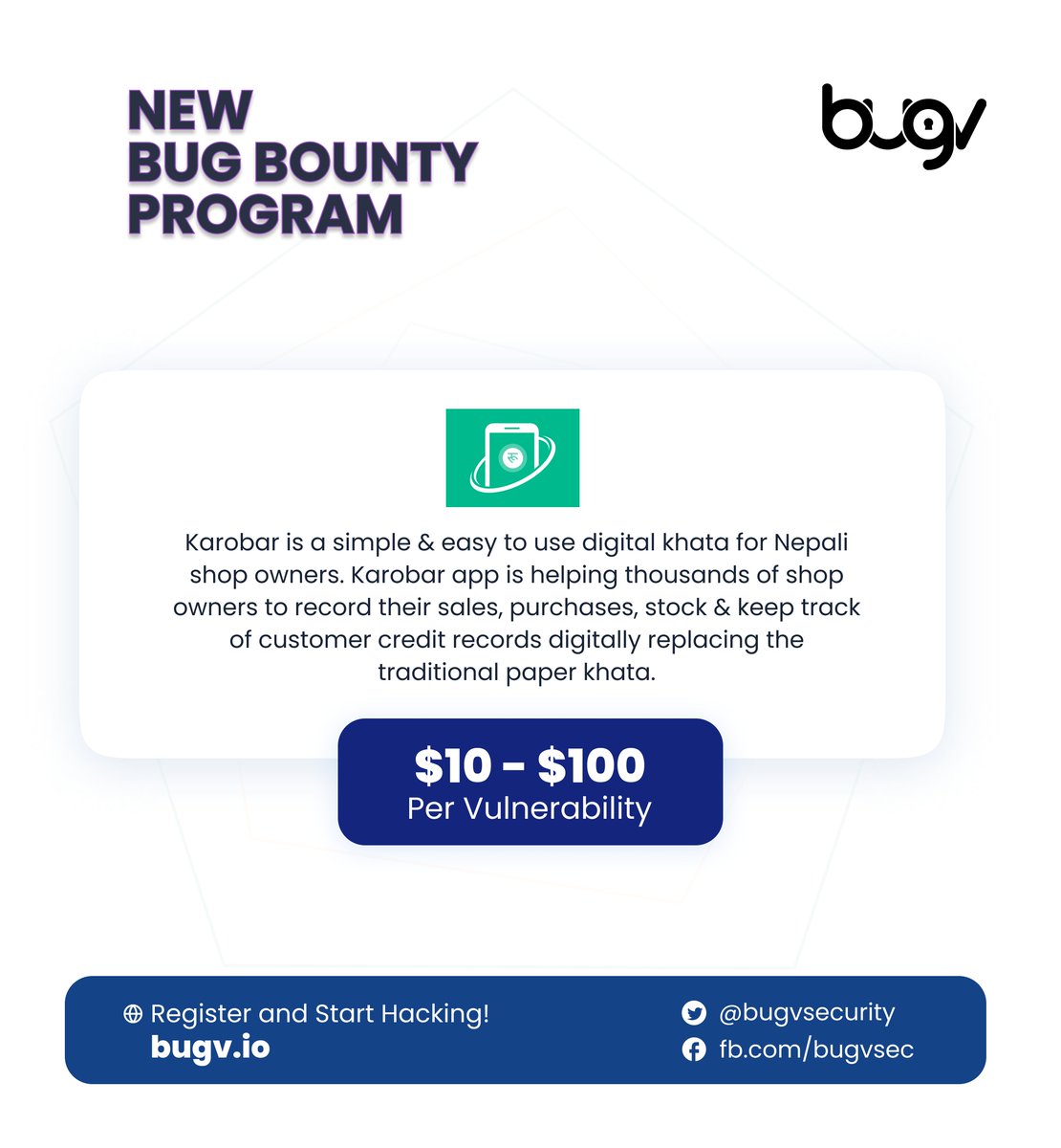 bugvsecurity's tweet photo. We have a new Bug Bounty Program! π₯³π
Karobar is a simple & easy to use digital khata for Nepali shop owners.
Register today to participate: https://t.co/whyOmvcSvo
#bugv #karobarapp #bugbounty #cybersecurity https://t.co/kByFOxnJwL