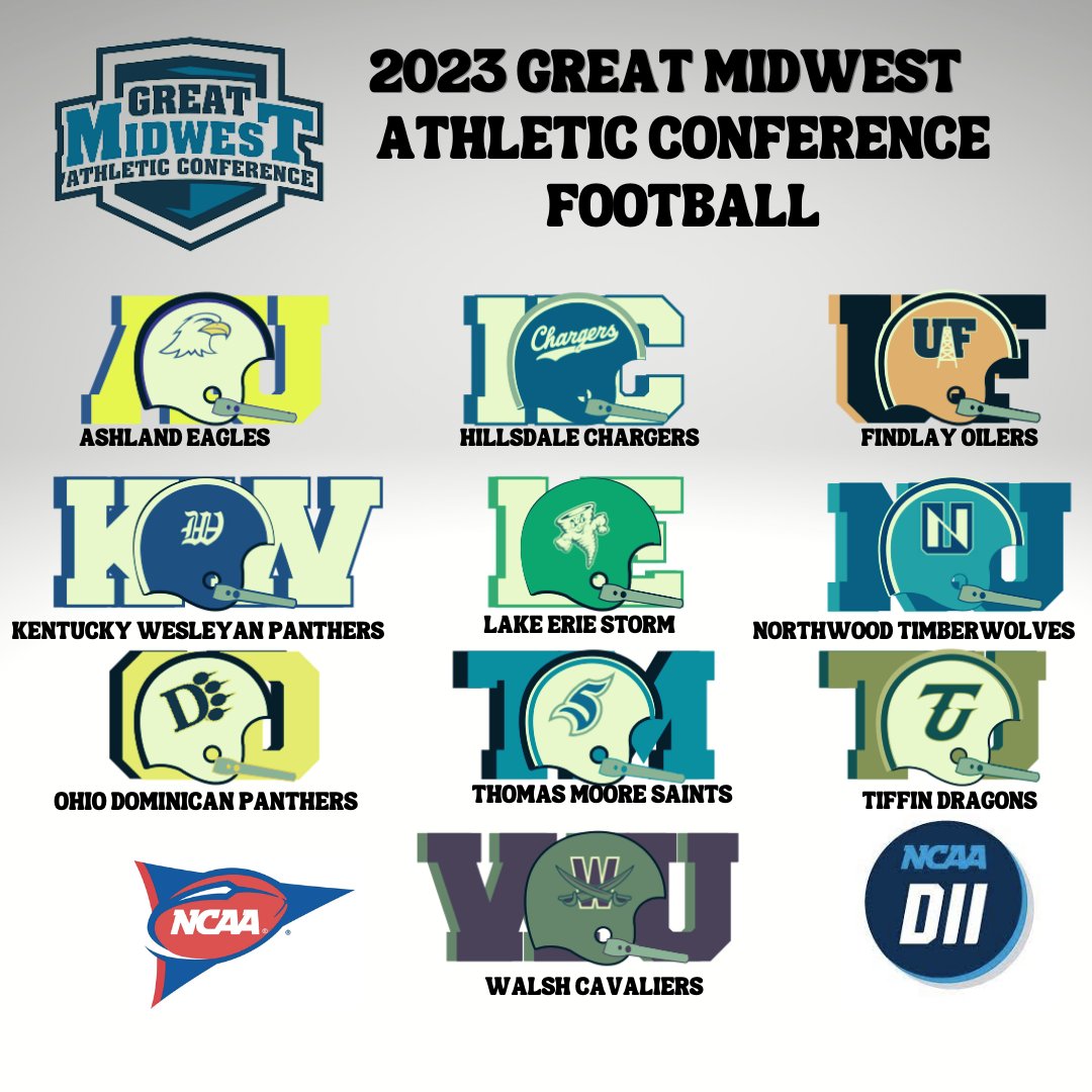 2023 Faux-back poster for <a href="/GreatMidwestAC/">Great Midwest</a> Football <a href="/AshlandFB/">Ashland Football</a> <a href="/FindlayOilers/">Findlay Oilers</a> <a href="/Hillsdale_FB/">Hillsdale Football</a> <a href="/KyWesleyan/">Kentucky Wesleyan College</a> <a href="/LakeErieStorm/">Lake Erie Storm Athletics</a> <a href="/NorthwoodU/">Northwood University</a> <a href="/OhioDominicanFB/">Ohio Dominican Football</a> <a href="/tmusaints/">Thomas More Saints</a> <a href="/TiffinU/">Tiffin University</a> <a href="/WalshCavaliers/">Walsh Cavaliers</a> @d2football.com