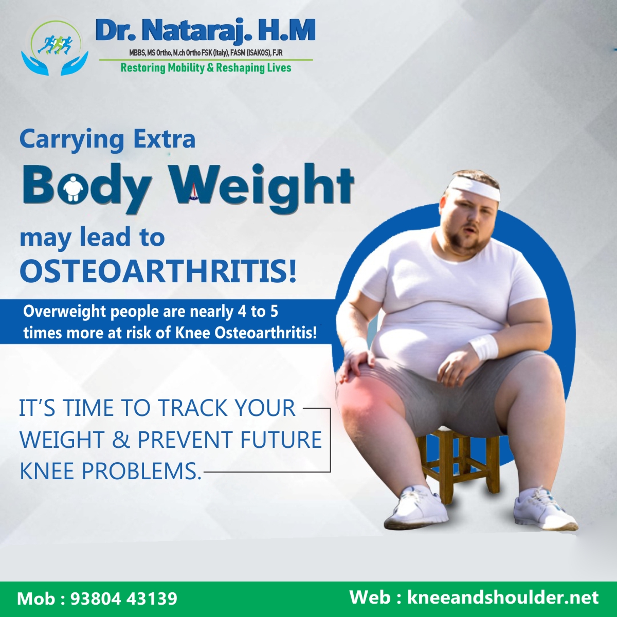 knee_and's tweet image. Carrying extra body weight may lead to Osteoarthritis!

Overweight people are nearly 4 to 5 times more at risk of knee osteoarthritis!

It&apos;s time to track your weight &amp;amp; prevent future knee problems.

#extrabodyweight #osteoarthritis #kneeproblems #maintainhealthweight